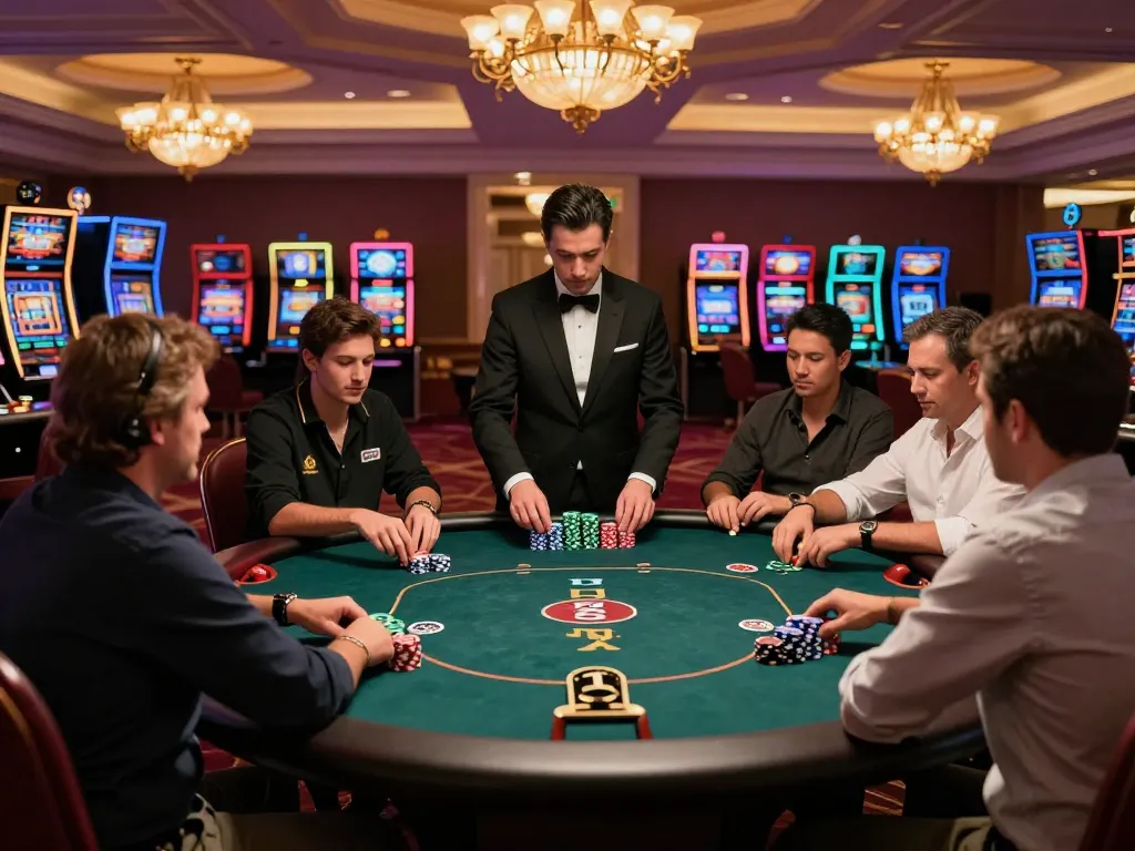 Intense poker game at a casino table, showcasing players' focus and excitement for 45678 gambling experiences