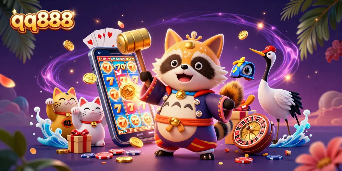 Participe da ação do cassino qq888 enquanto os personagens celebram vitórias com motivos de sorte e elementos vibrantes de jogo.