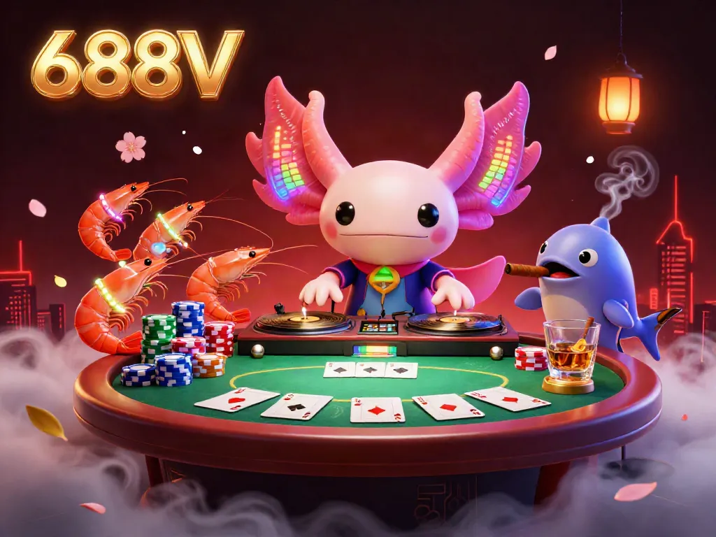 Experience the vibrant energy of 688V with an animated axolotl DJ and lively sea creatures in a colorful casino scene.