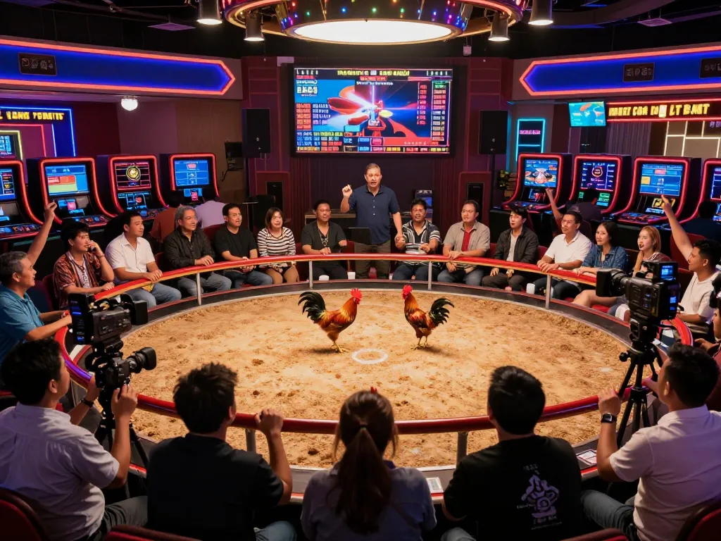 Experience the excitement of đá gà thomo as spectators cheer for intense matches in a vibrant casino atmosphere