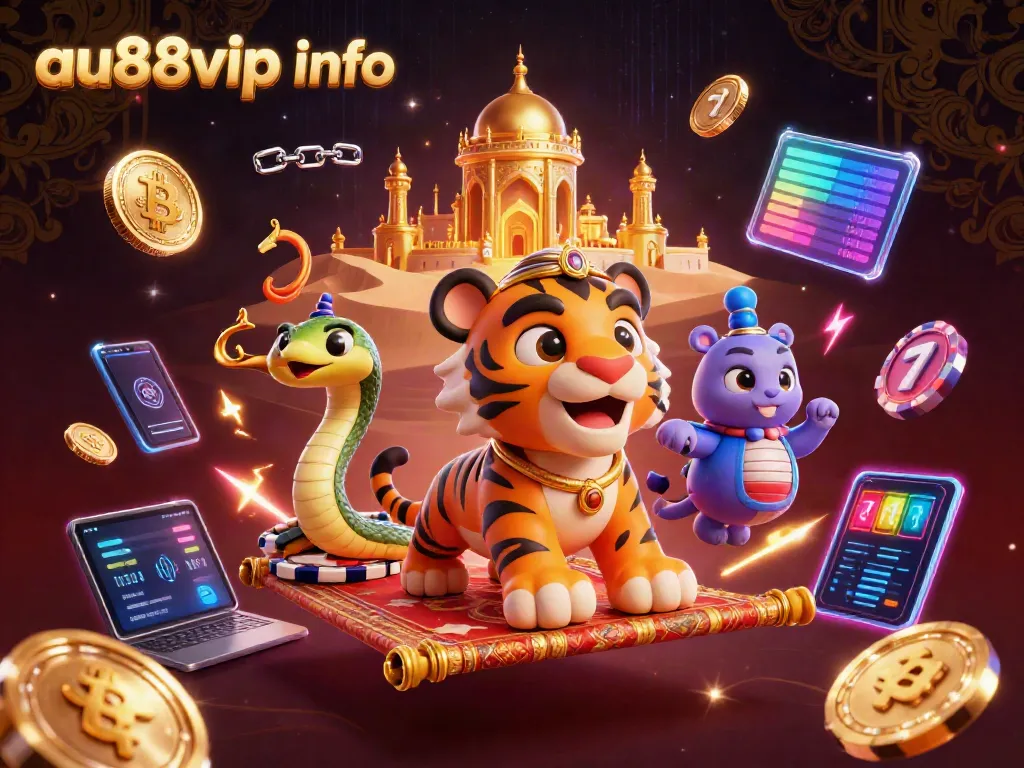 Experience thrilling wins at au88vip info with a vibrant 3D illustration of slots, poker, and gold treasures.