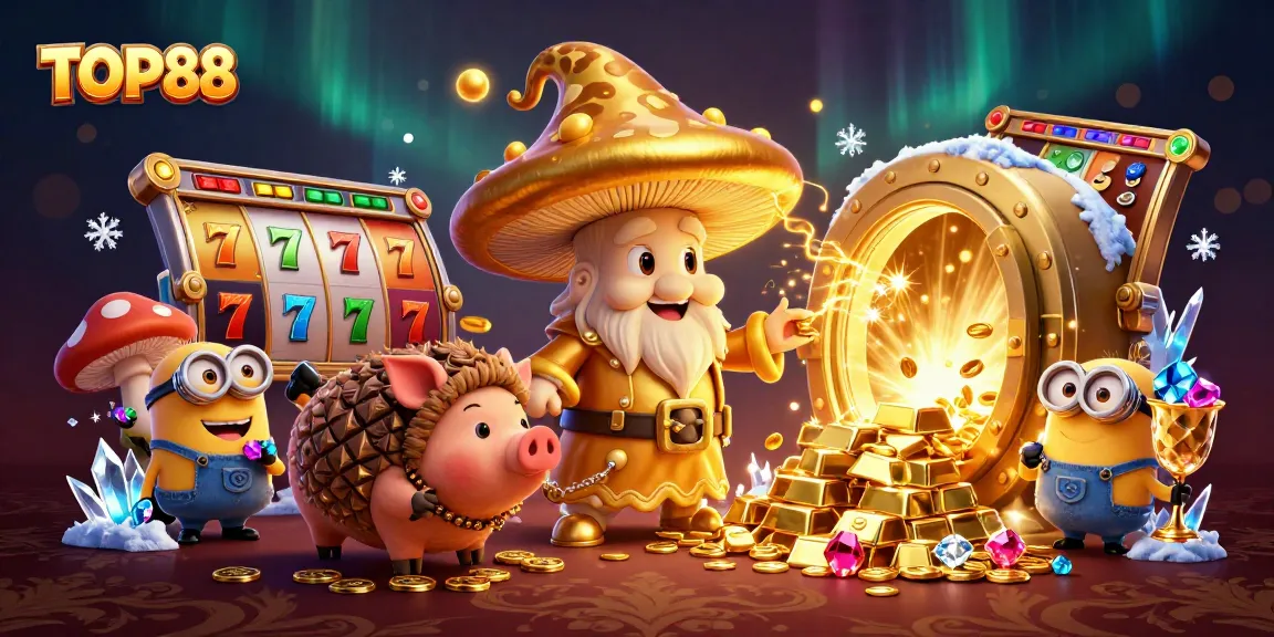 Play engaging slots at TOP88 with cards, gems, and vibrant casino elements in 3D