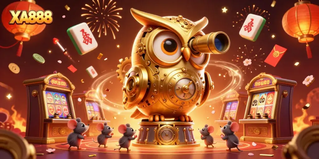 Experience the excitement at XA888 casino with a vibrant 3D illustration showcasing a clockwork owl and lively gaming elements.