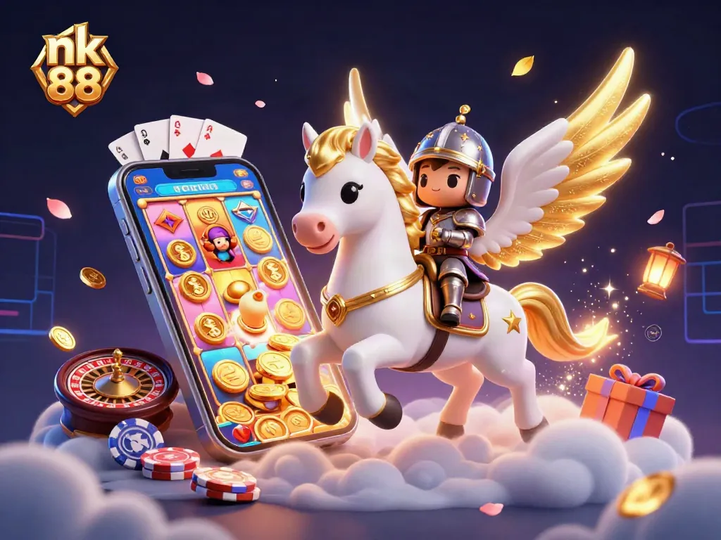 Experience exciting gaming action with nk 88, featuring a celestial horse in a vibrant casino scene.