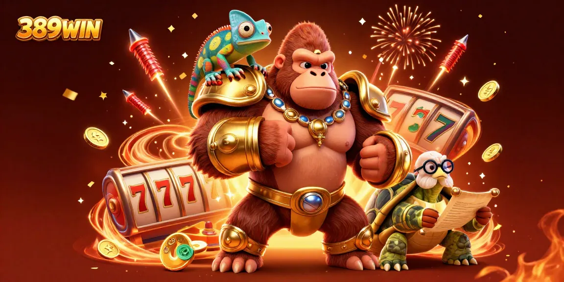 Experience winning spins at 389WIN with vibrant slot reels and a lively casino atmosphere.
