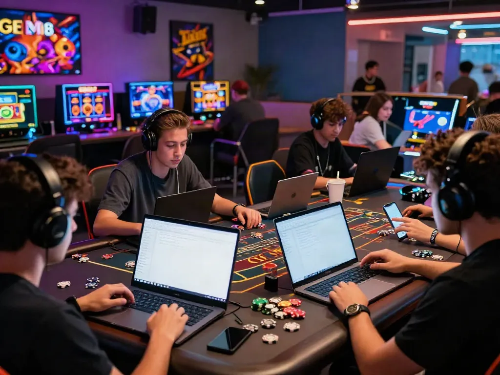 Players enjoying GEM88 online gaming platform in a vibrant setting, showcasing diverse games and excitement.