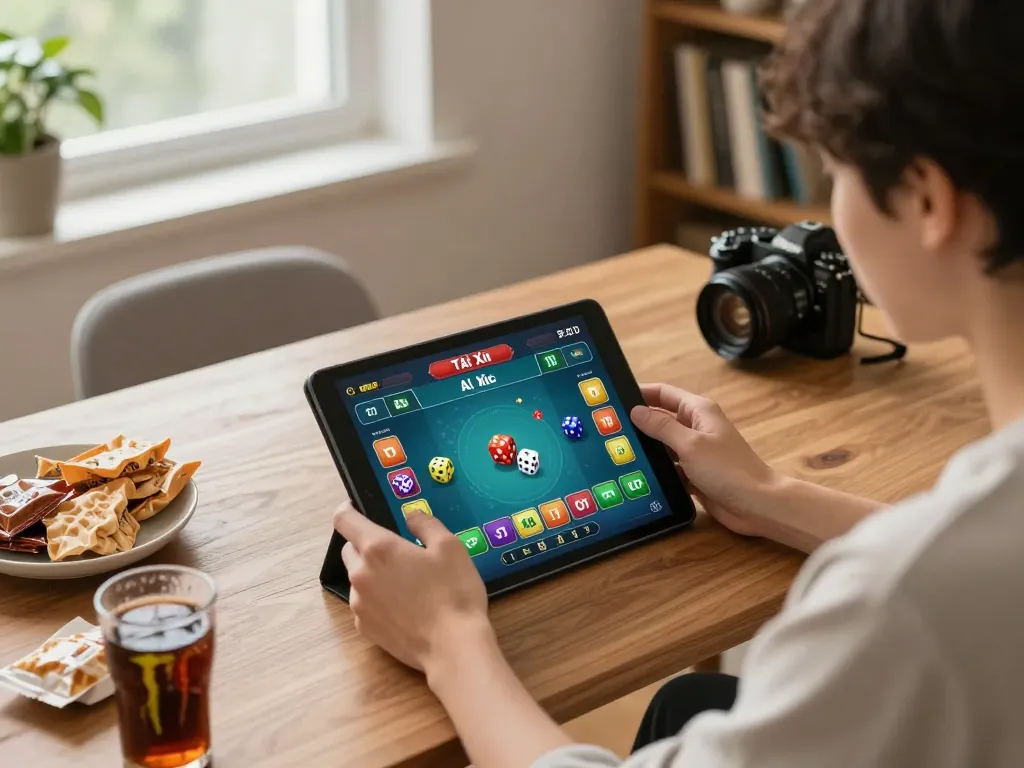 Tài Xỉu online gameplay on tablet in a cozy home environment with snacks and sunlight.