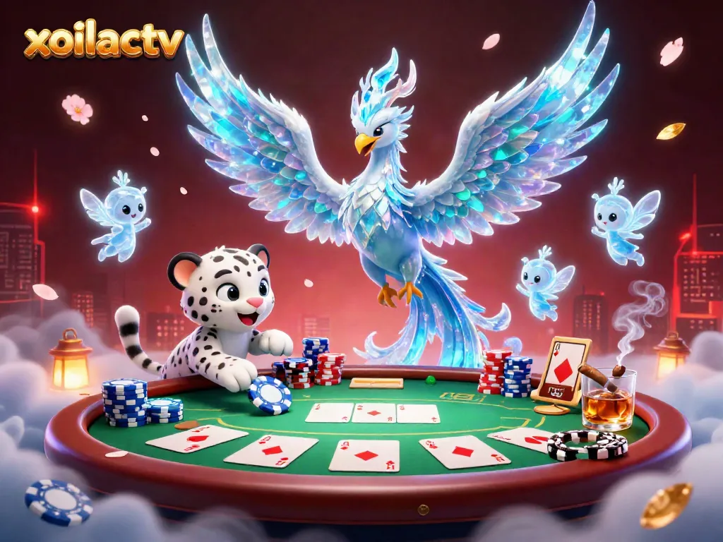 Experience immersive gaming with xoilactv, featuring an ice phoenix, poker chips, and 3D characters.