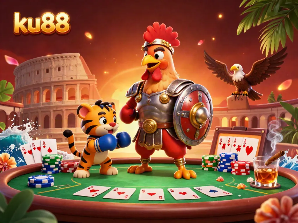 Join the action at ku88 with a rooster gladiator showcasing poker elements in a vibrant casino arena.