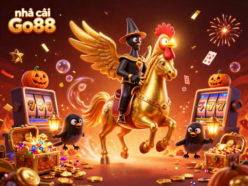Experience thrilling wins at nhà cái Go88 with a vibrant casino scene featuring a golden rooster and treasures.