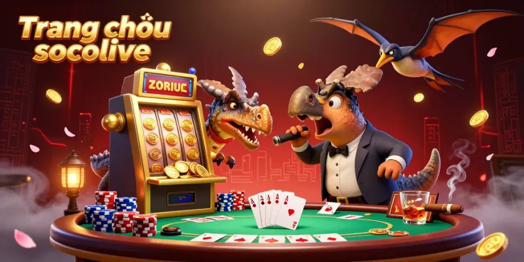 This vibrant illustration captures Trang chủ socolive with a dinosaur interacting dynamically with a slot machine while casino elements surround them.