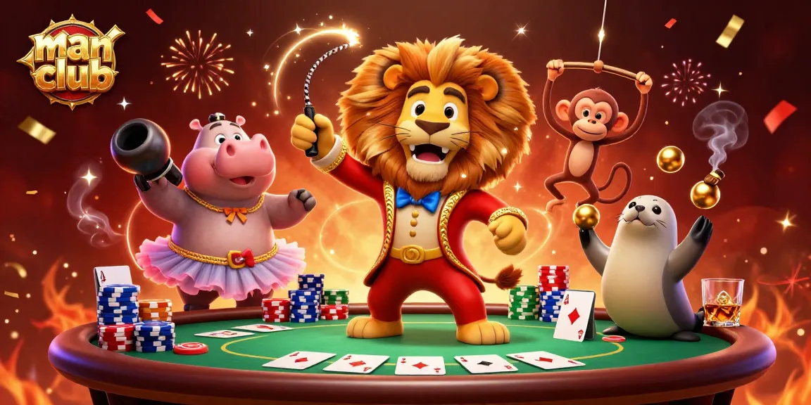 Experience thrilling gameplay at manclub with dynamic poker action and festive circus characters.