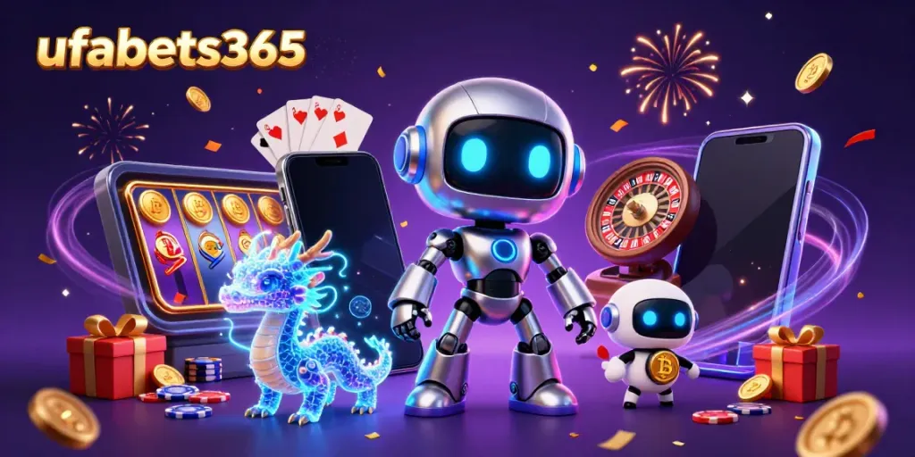 Experience interactive gambling excitement with ufabets365, featuring vibrant casino elements and a cyberpunk theme.