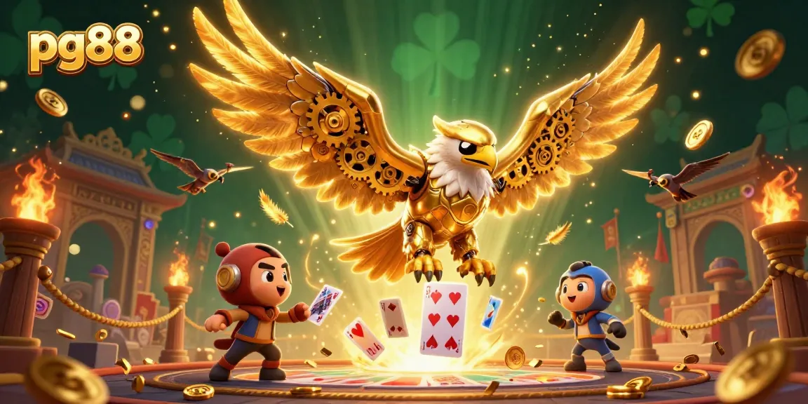 Engage with pg88 while diving into a vibrant casino scene filled with holographic cards and golden coins.