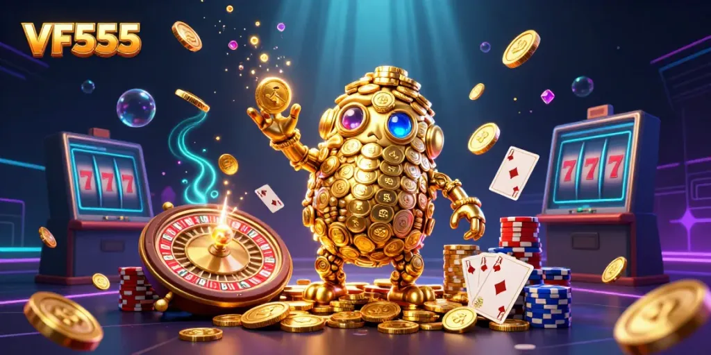 Experience exhilarating wins at VF555 with enchanting golden characters and casino elements.