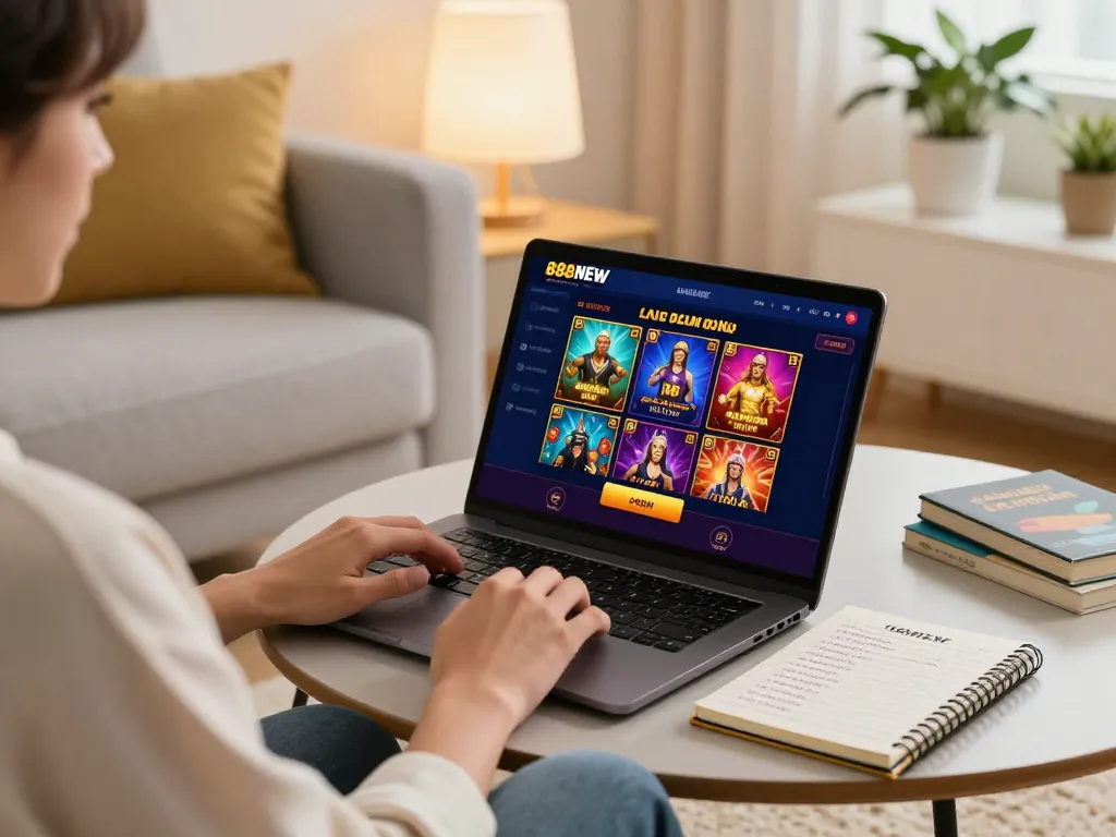 A player enjoying 888NEW online casino games on a laptop in a cozy home setting, showcasing various games and a warm atmosphere.