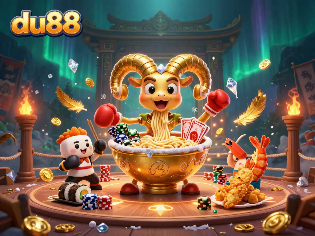 Join du88's exciting gaming adventure with a magical ramen bowl dealing cards in a vibrant casino scene!