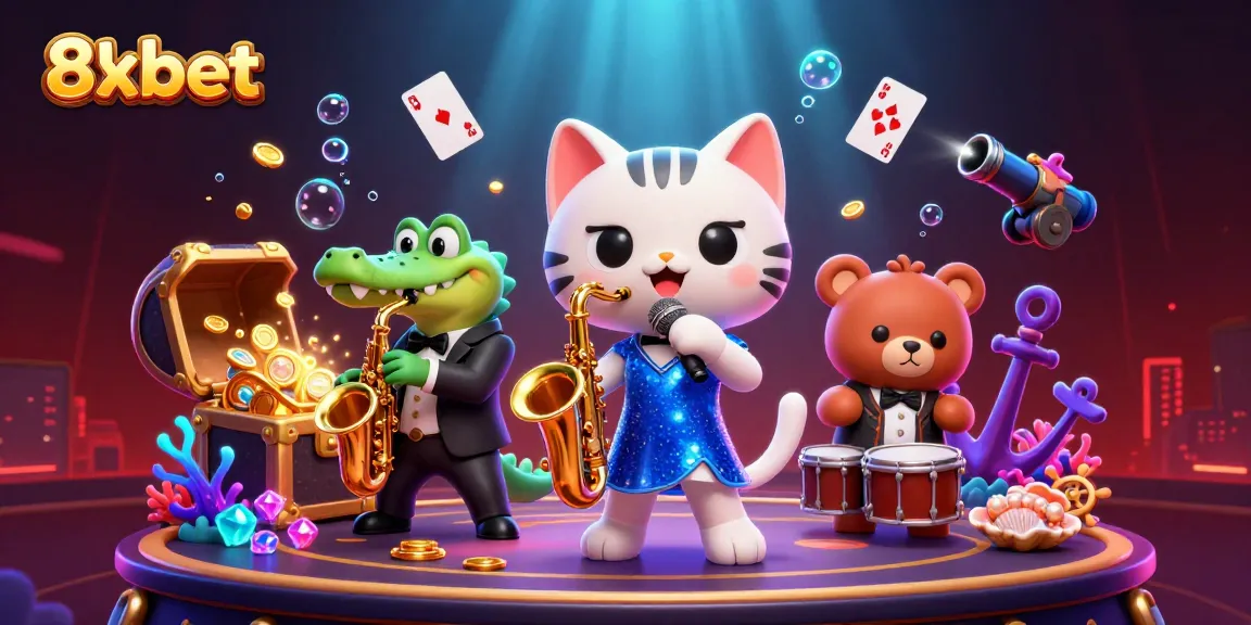 Engage with exciting casino games at 8xbet while enjoying an energetic scene with animated characters.