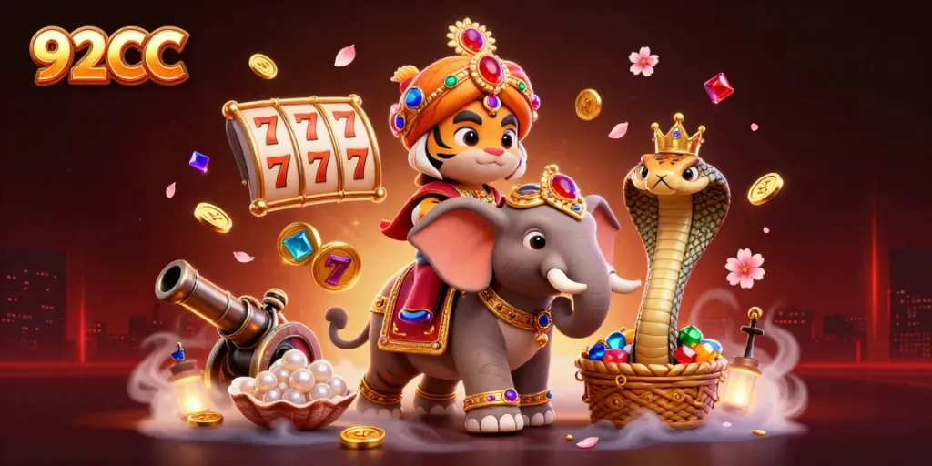 Spin to win with 92CC: A vibrant casino scene showcasing slot reels and a prize-filled atmosphere.