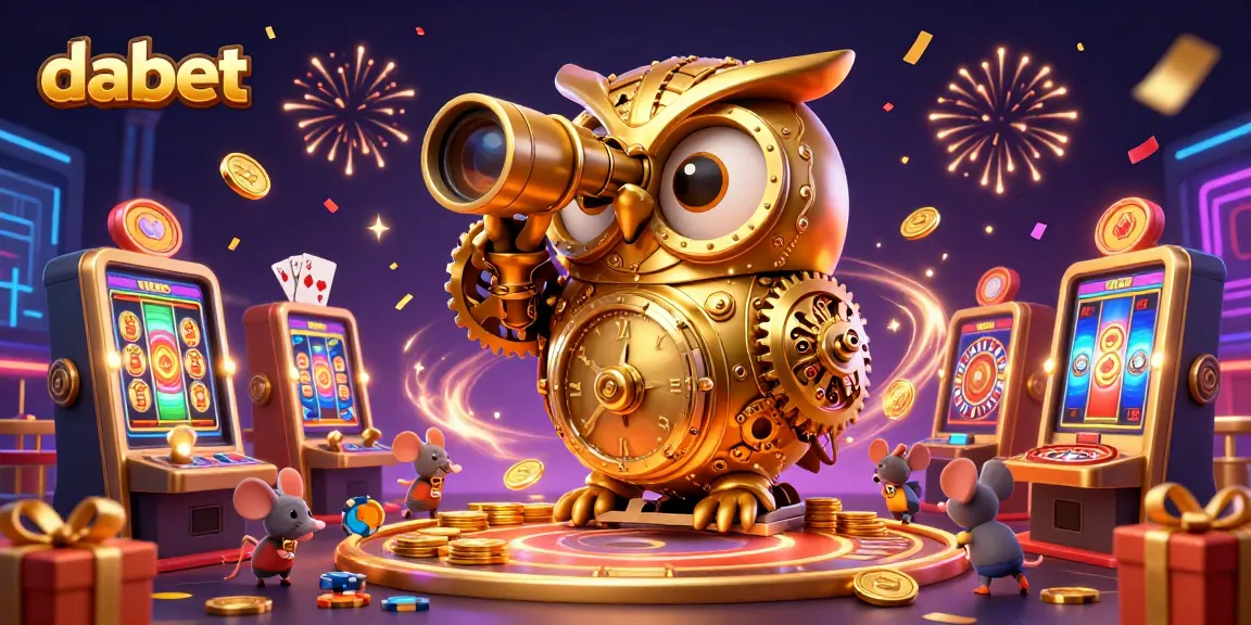 Dabet showcases a vibrant casino scene with a golden owl and lively gaming elements.
