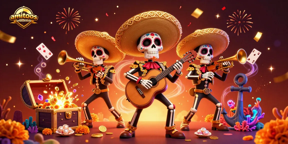 Experience thrilling gameplay at amitoosindiatech with colorful casino-themed illustration featuring mariachi band and gem-filled treasure.