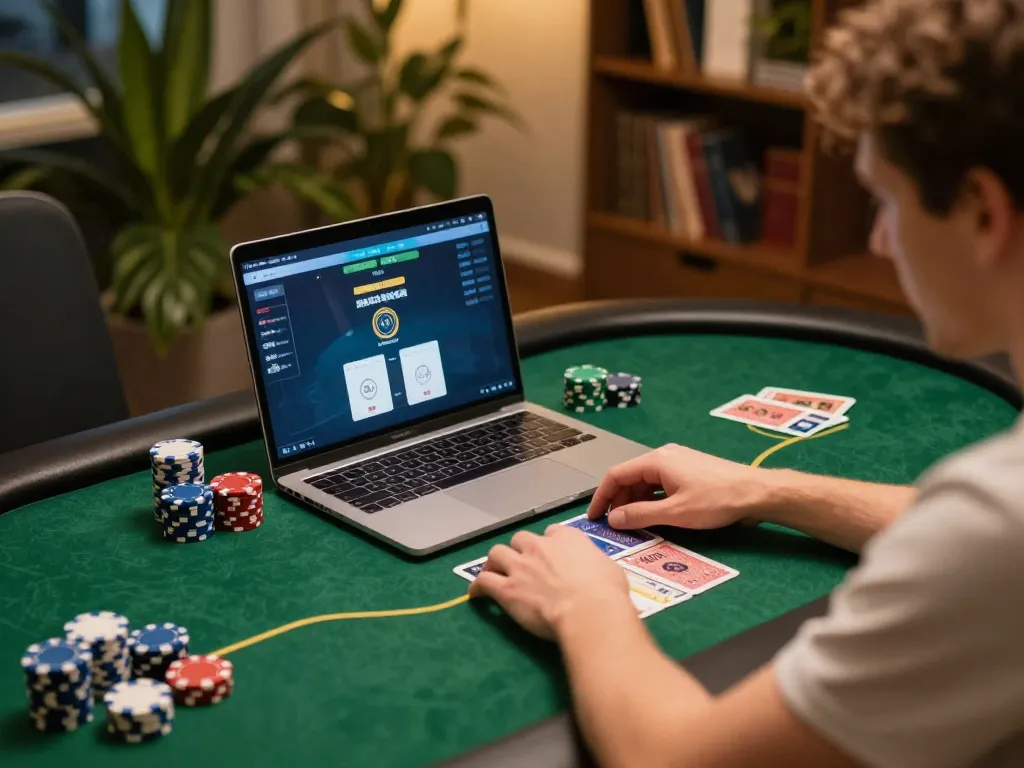 FIVE88 player strategizing during an online poker game on laptop.