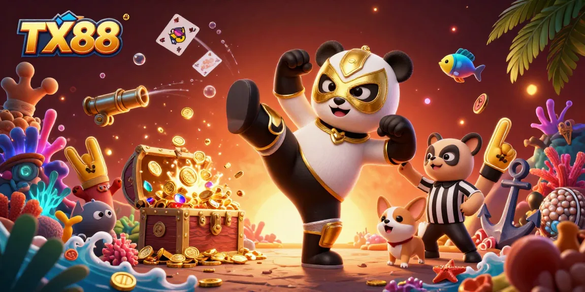 Experience thrilling action at TX88 with a panda wrestler kicking amid colorful casino elements.
