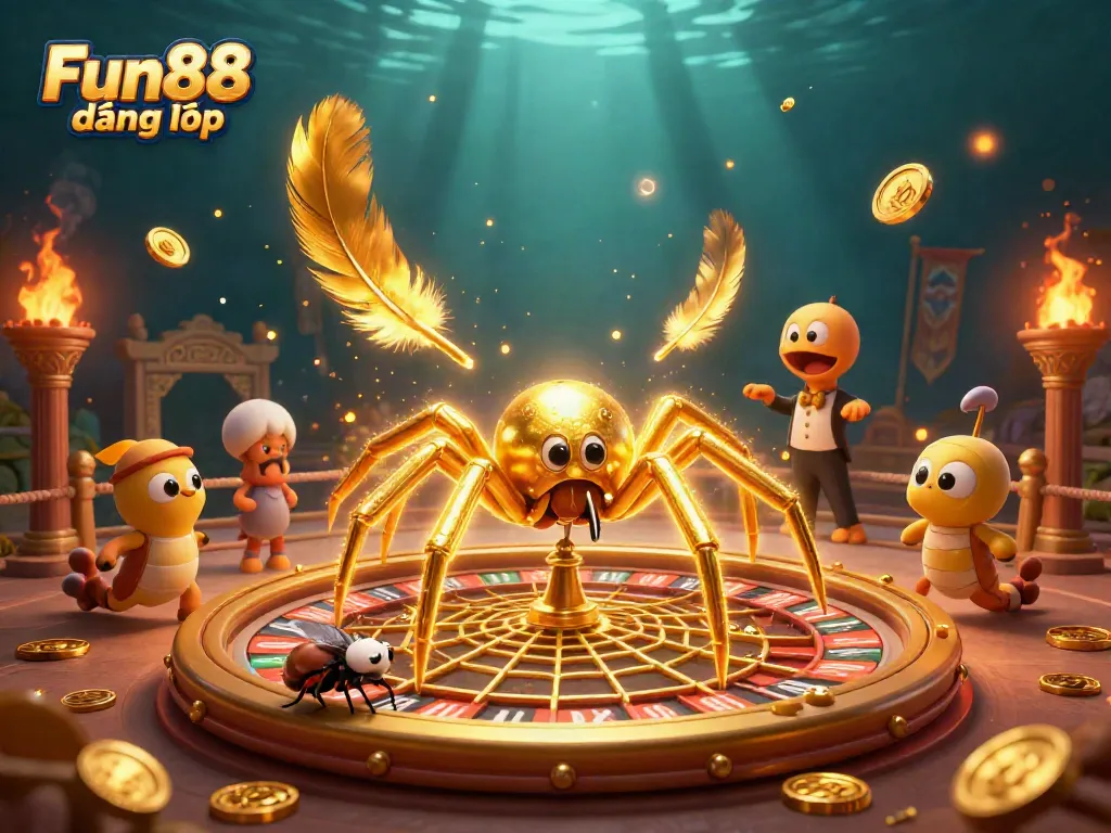 Engage in thrilling bets with Fun88 đăng nhập, featuring golden web roulette, and excited characters in an enchanting scene.