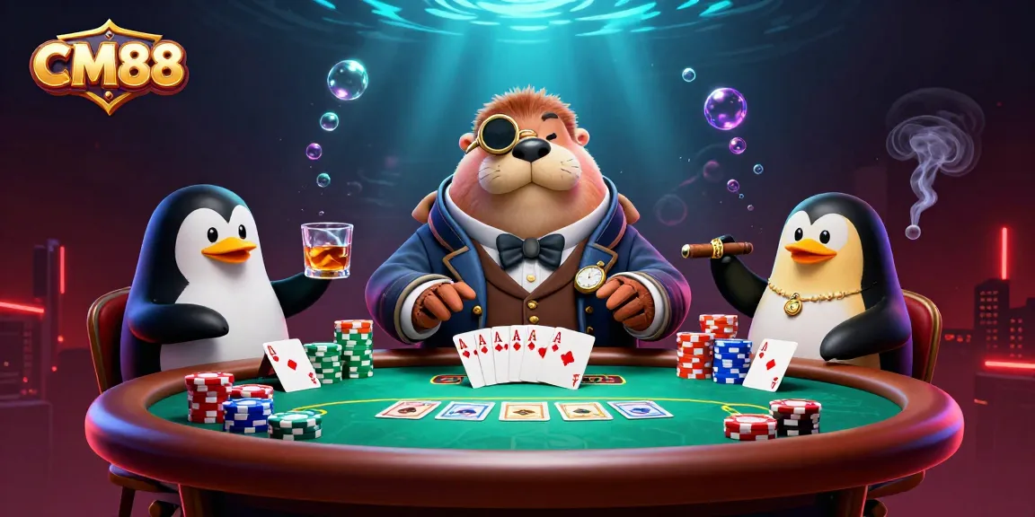 CM88 players enjoying a poker game with a walrus, penguin dealer, and a bluffing pufferfish.