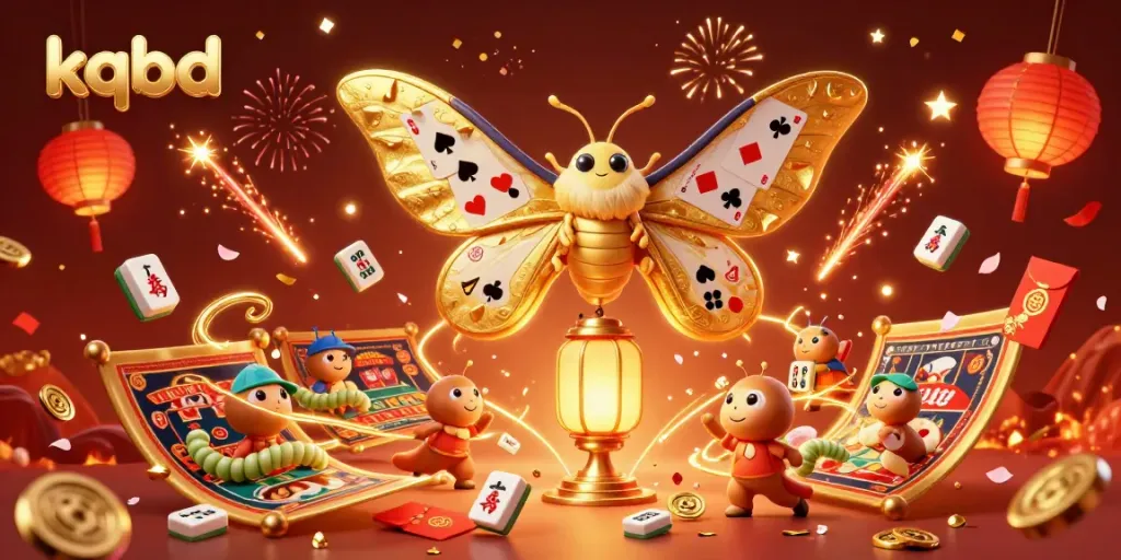 Experience kqbd action with a lively illustration showcasing a central golden moth amidst casino-themed elements, capturing dynamic excitement.
