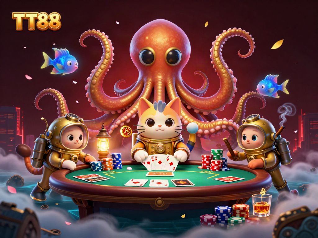 Experience thrilling poker excitement with TT88, where a colossal kraken and vintage diving cat dive into the action.