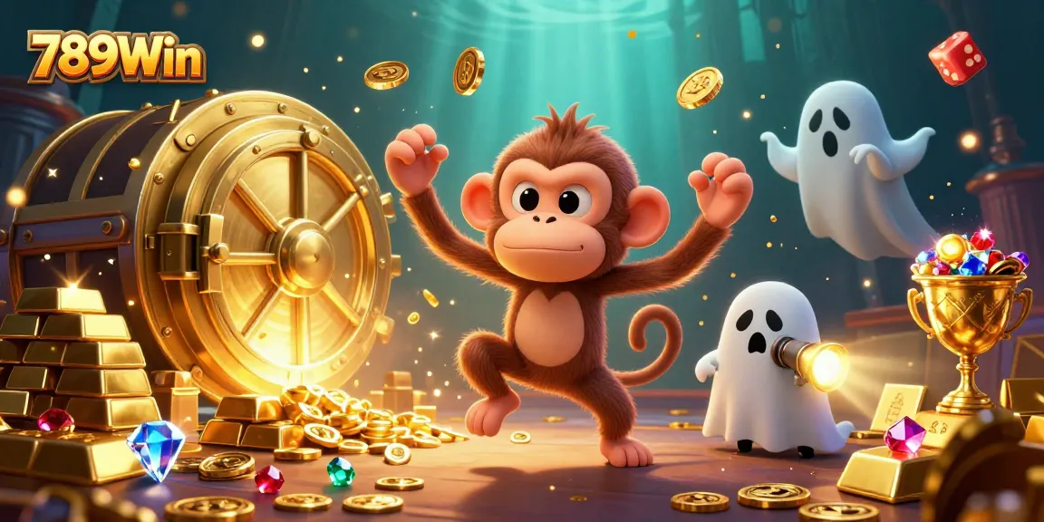 Engage with 789Win's exciting casino atmosphere featuring a playful poltergeist monkey juggling treasures.