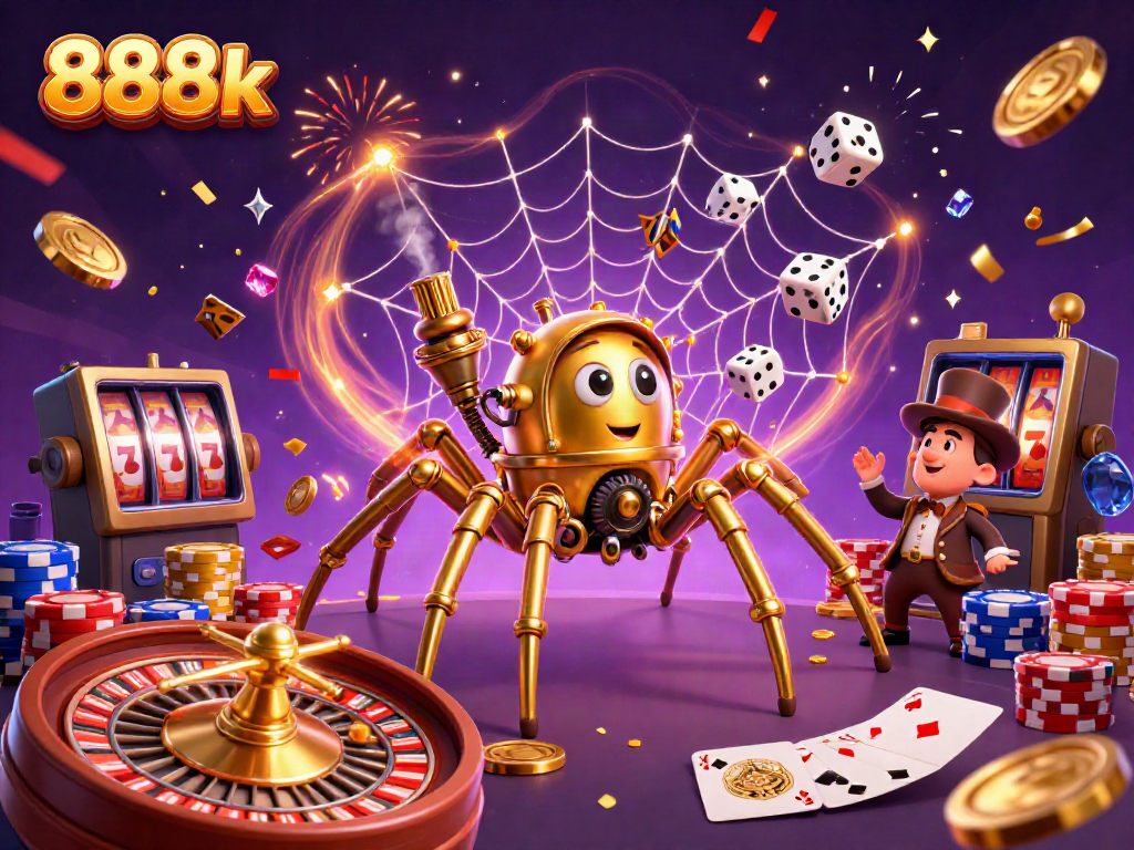 Engage with 888k’s thrilling world featuring a steampunk spider and lively gambling elements.