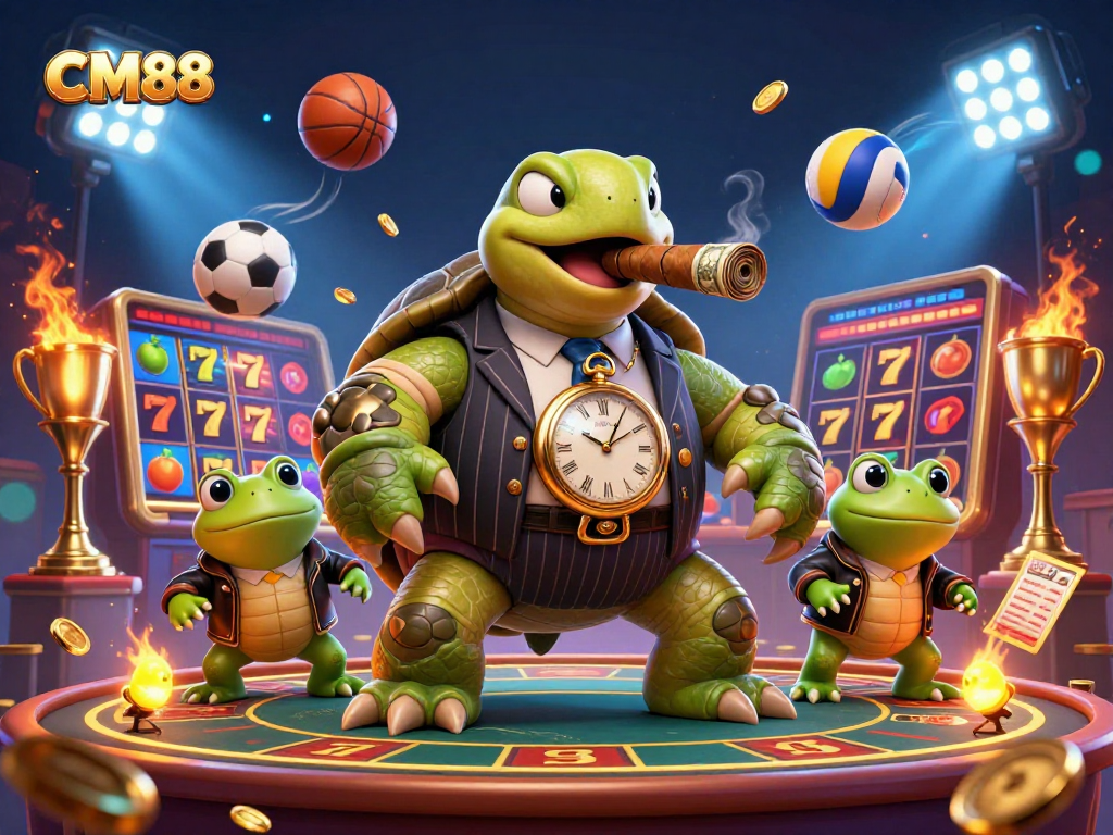 Win big at CM88 with a dynamic scene of a snapping turtle mobster and bullfrog enforcers in a bustling casino atmosphere.