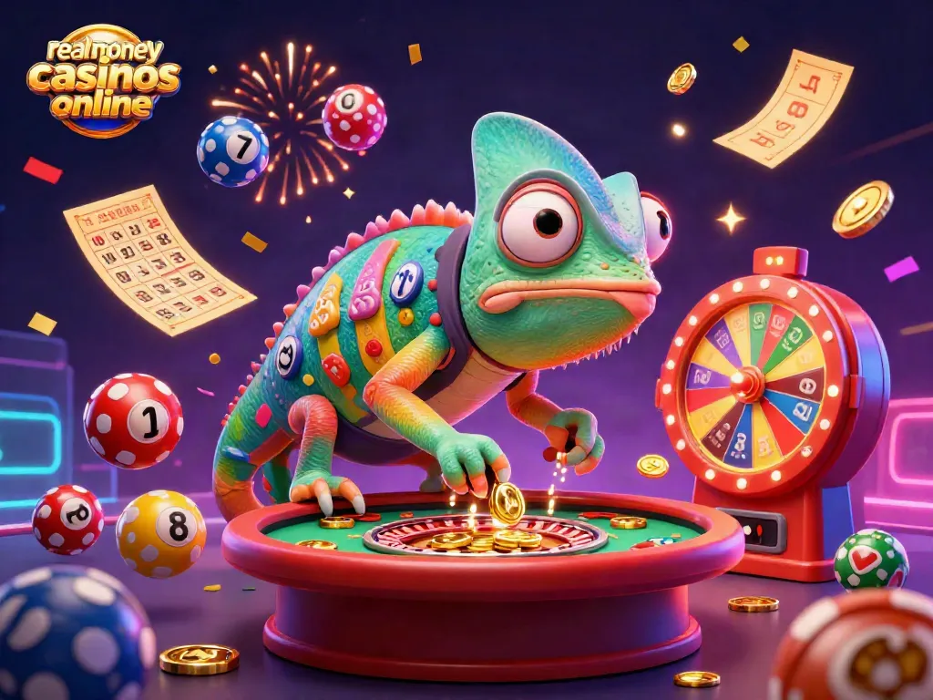 Experience thrilling action at real money casinos online with a vibrant chameleon casino owner, lottery balls, and confetti.