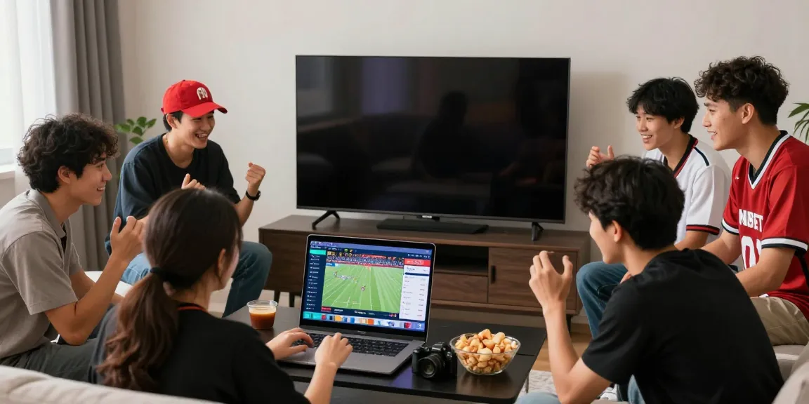 Excited group engaging with NBET sports betting platform in a cozy living room.
