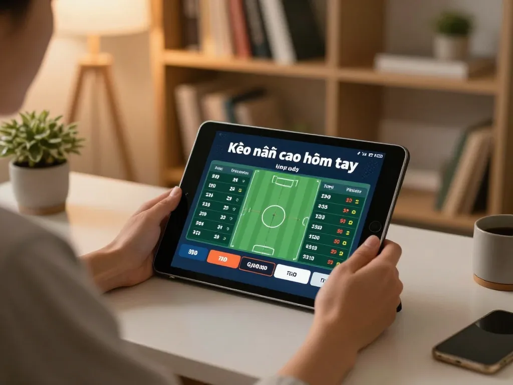 Kèo nhà cái hôm nay shown on a tablet during a cozy sports betting session in a modern home.