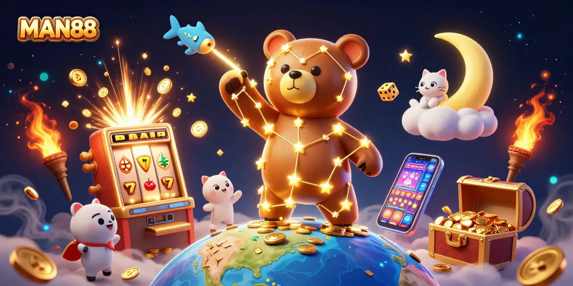 Experience the magic of MAN88 with a celestial bear and exploding casino elements in an enchanting scene.