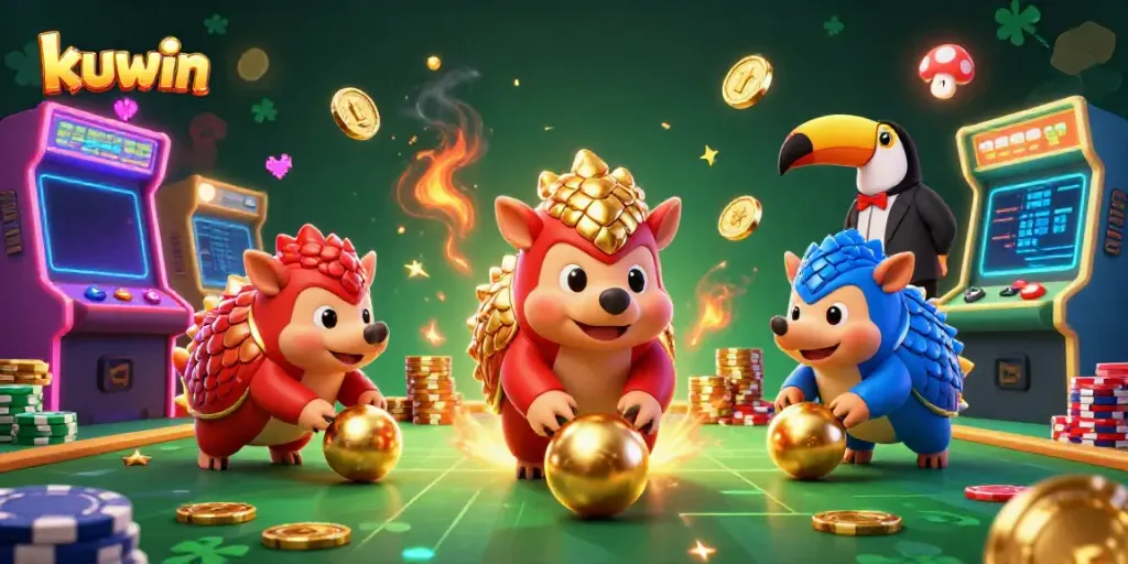 Kuwin pangolins animatedly bowling golden balls through poker chips in a vibrant casino scene