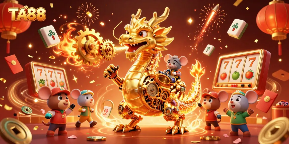 TA88 showcases a golden dragon and mouse engineer in a vibrant casino scene, surrounded by festive game elements.