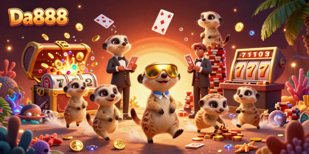 Engage in thrilling gaming adventures at Da888 with a vibrant meerkat casino scene bursting with excitement.
