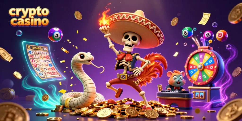 Engaging scene of a crypto casino with a dancing skeleton rooster, colorful elements, and enticing loot.