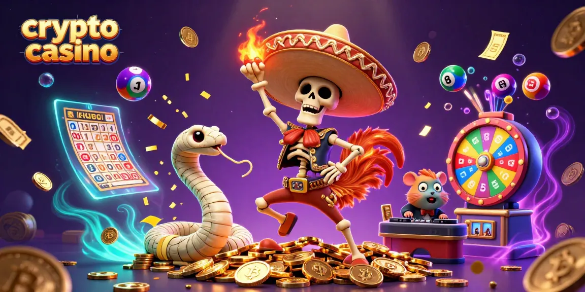 Engaging scene of a crypto casino with a dancing skeleton rooster, colorful elements, and enticing loot.