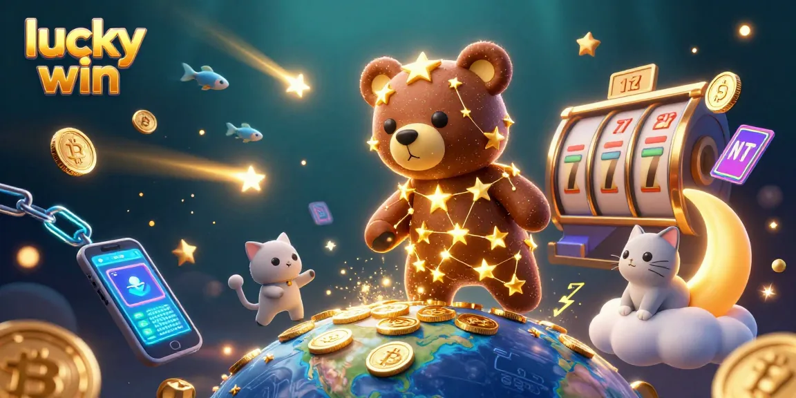 Engage with lucky win adventures in this vibrant 3D casino scene filled with golden coins and joyful characters.