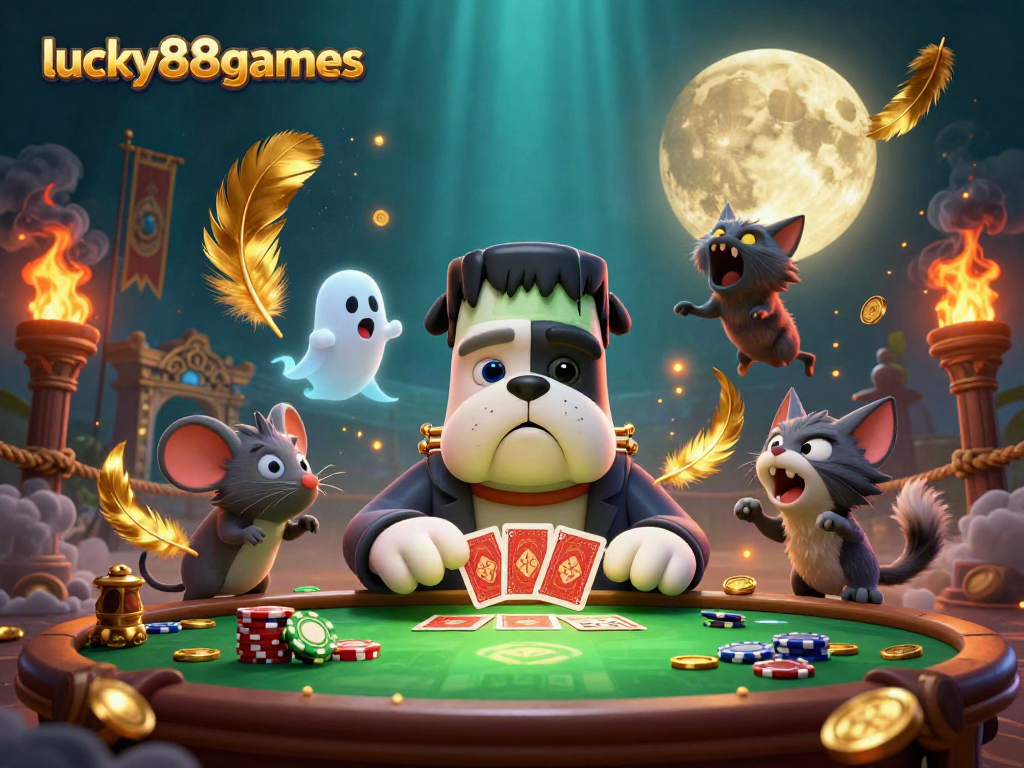 Engage with lucky88games where a bulldog monster deals cards amidst golden coins and a spooky atmosphere.