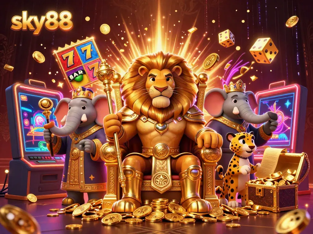 Jackpot excitement at sky88 with cartoon lion king, slot machine, and golden treasures.