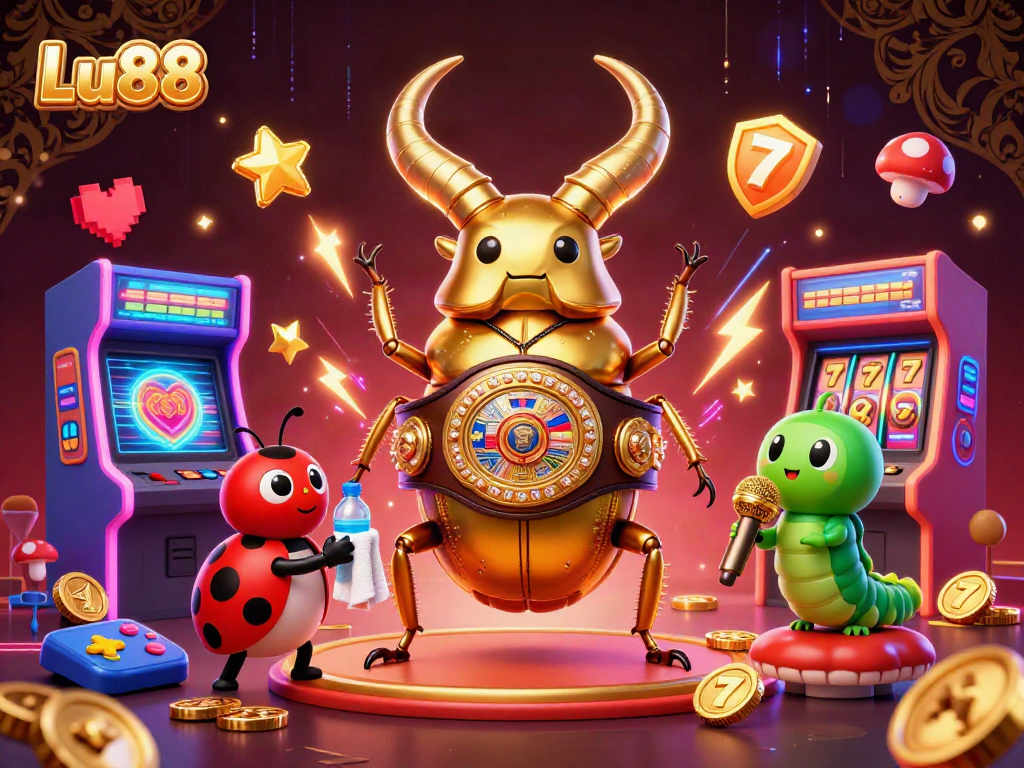 Lu88 presents a vibrant scene with a golden stag beetle boxing champion in a casino setting.