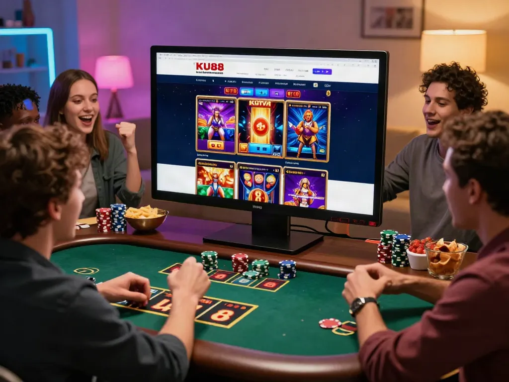 Friends enjoying a live casino experience on KU88, showing excitement and engagement.