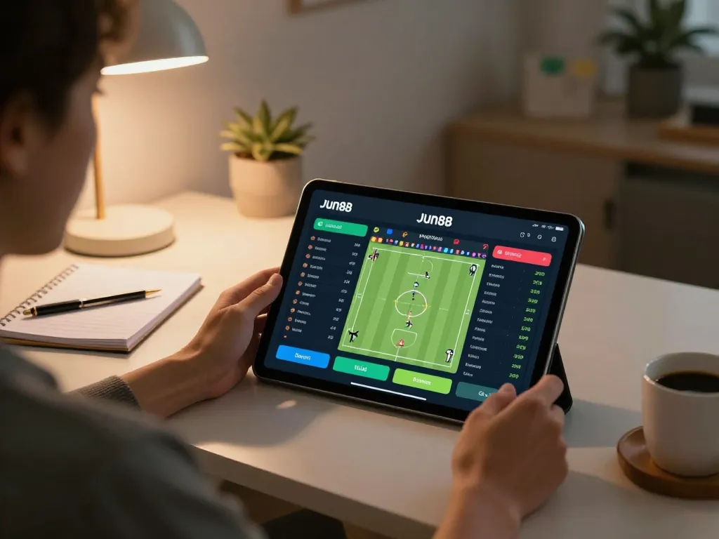 Betting on sports with Jun88 using a tablet in a cozy, modern home office.