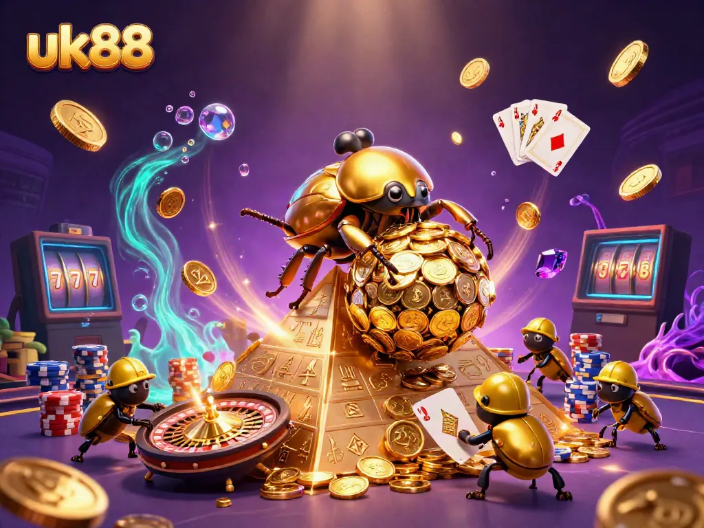 uk88 showcases a golden beetle rolling coins in a vibrant casino illustration.
